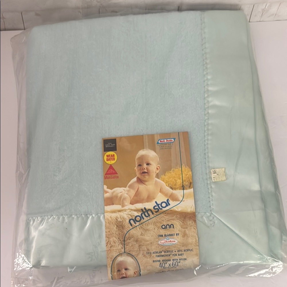 Vintage Chatham North Star Ann Baby Blanket in Light Blue Satin Edge NOS 40”X60”
